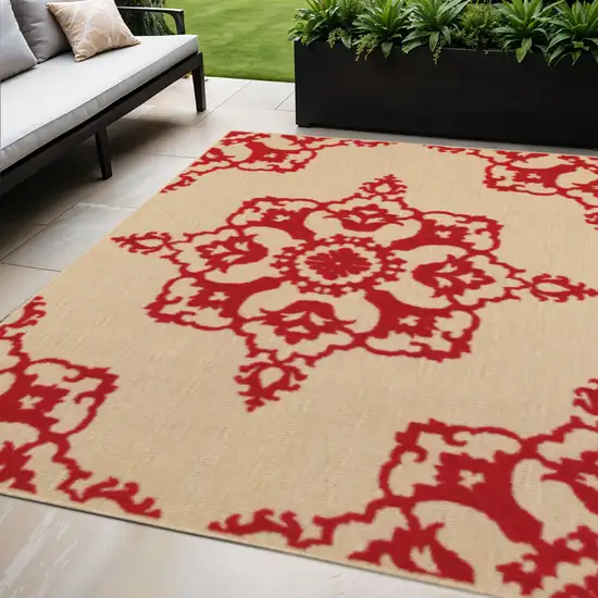 Red Oriental Stain Resistant Indoor Outdoor Area Rug Photo 5