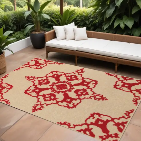 Red Oriental Stain Resistant Indoor Outdoor Area Rug Photo 1