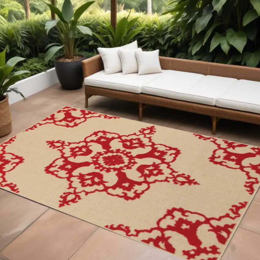 Red Oriental Stain Resistant Indoor Outdoor Area Rug Photo 1