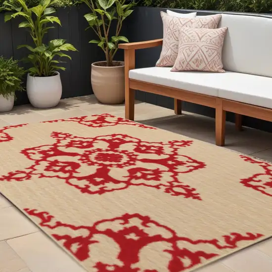 Red Oriental Stain Resistant Indoor Outdoor Area Rug Photo 1