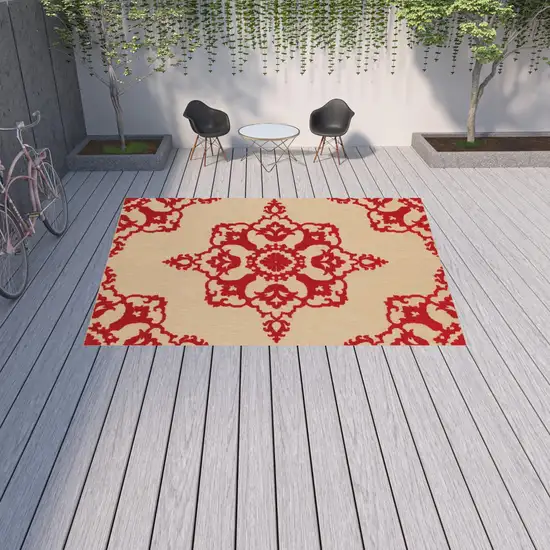 Sand Oriental Stain Resistant Indoor Outdoor Area Rug Photo 5
