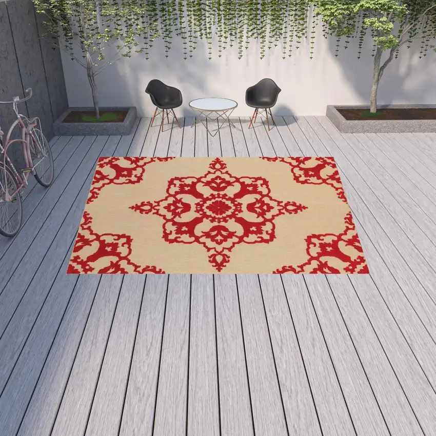 Sand Oriental Stain Resistant Indoor Outdoor Area Rug Photo 5
