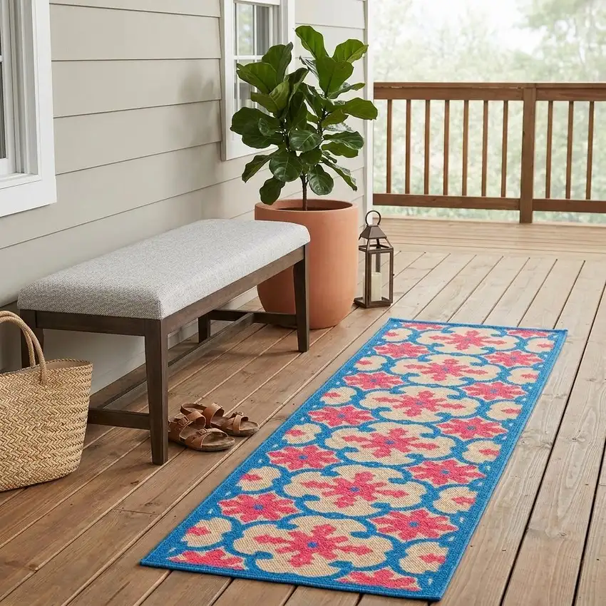 Blue and Beige Oriental Stain Resistant Indoor Outdoor Area Rug Photo 1