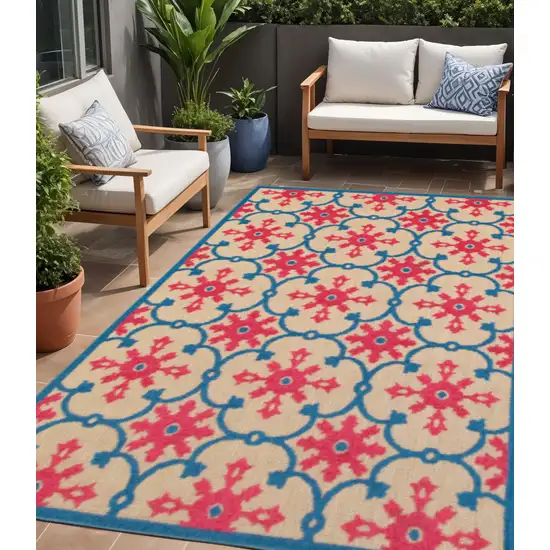 Blue and Beige Oriental Stain Resistant Indoor Outdoor Area Rug Photo 1