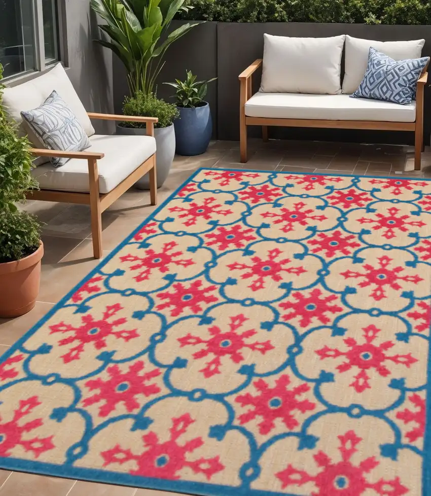 Blue and Beige Oriental Stain Resistant Indoor Outdoor Area Rug Photo 1