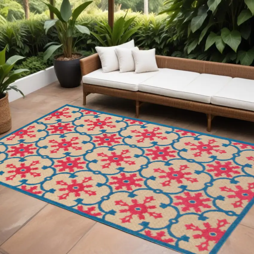 Blue and Beige Oriental Stain Resistant Indoor Outdoor Area Rug Photo 1