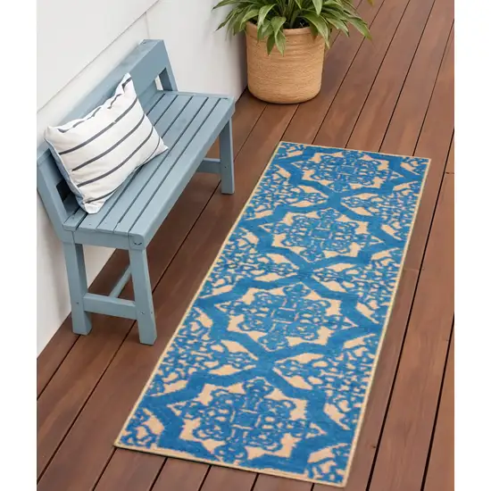 Blue and Beige Oriental Stain Resistant Indoor Outdoor Area Rug Photo 1