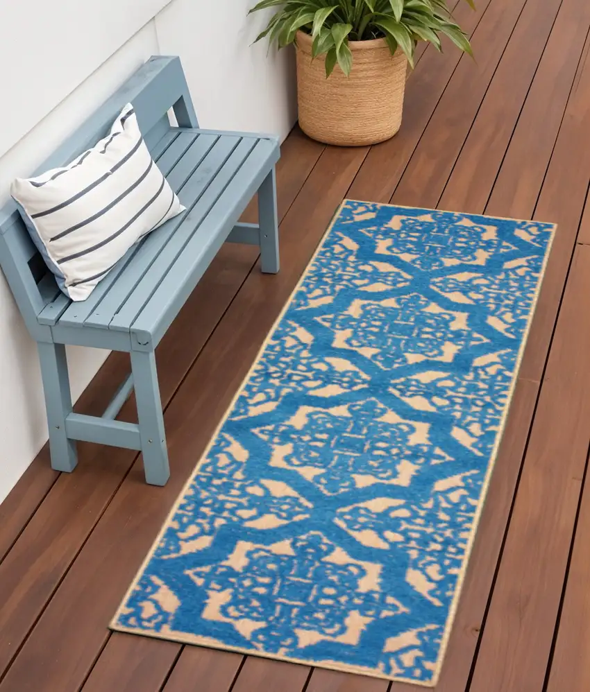 Blue and Beige Oriental Stain Resistant Indoor Outdoor Area Rug Photo 1