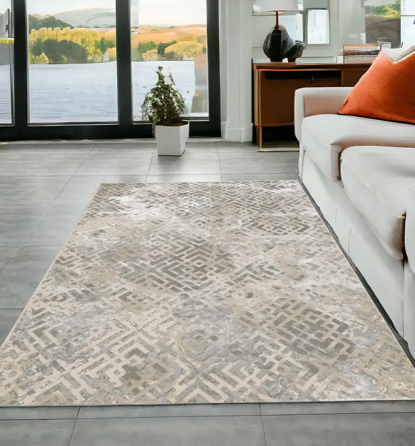Sand Silver Geometric Maze Pattern Indoor Area Rug Photo 1