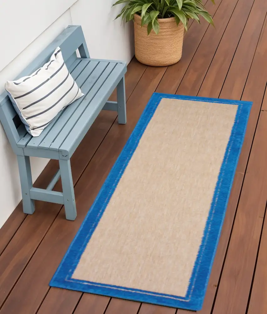 Blue and Beige Stain Resistant Indoor Outdoor Area Rug Photo 1