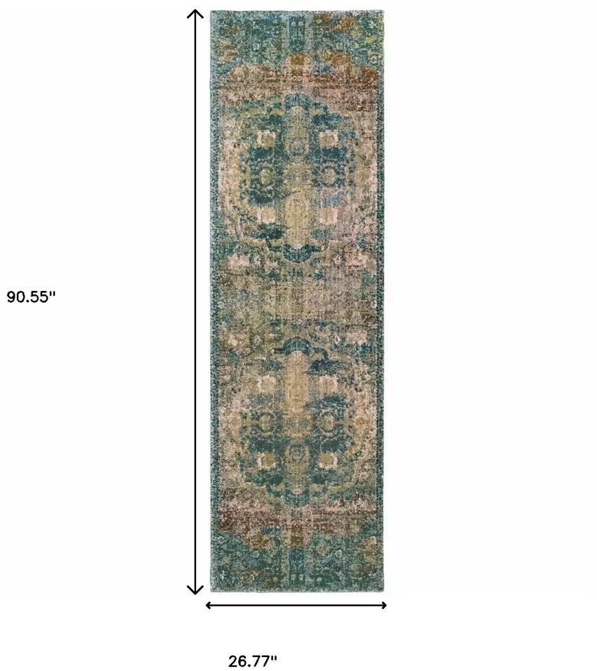 Sand and Blue Distressed Indoor Runner Rug Photo 5