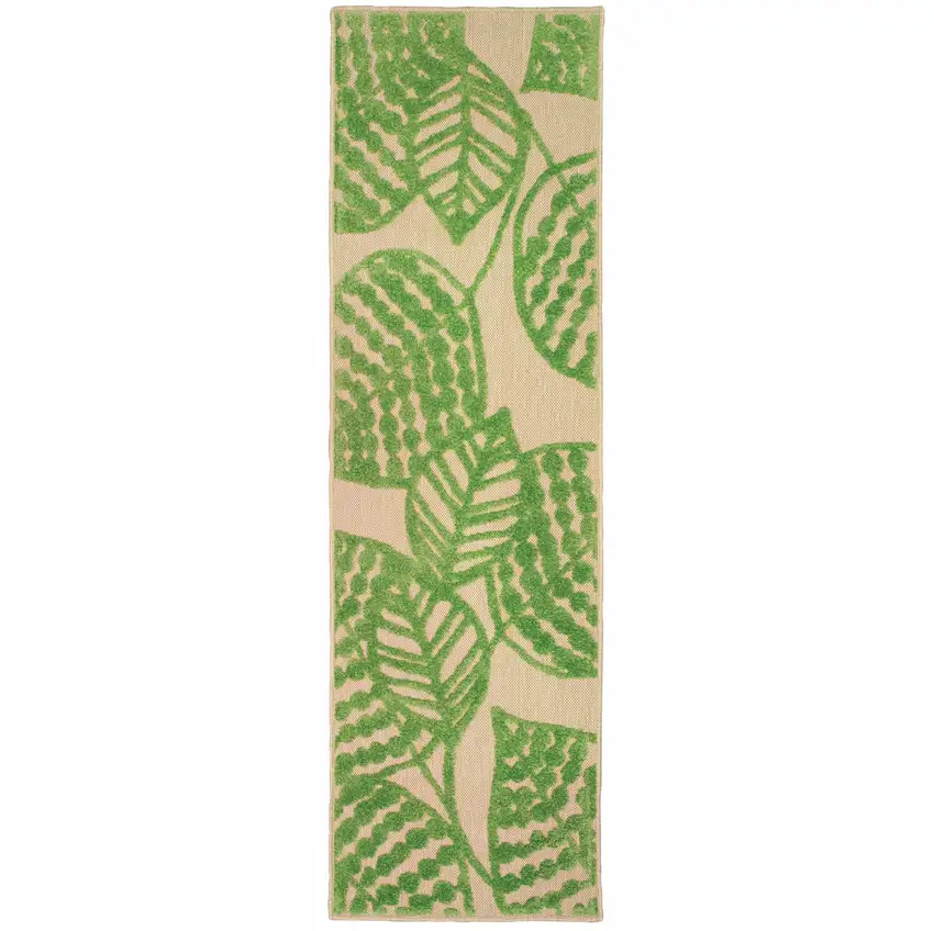 Sand and Lime Green Leaves Indoor Outdoor Runner Rug Photo 3