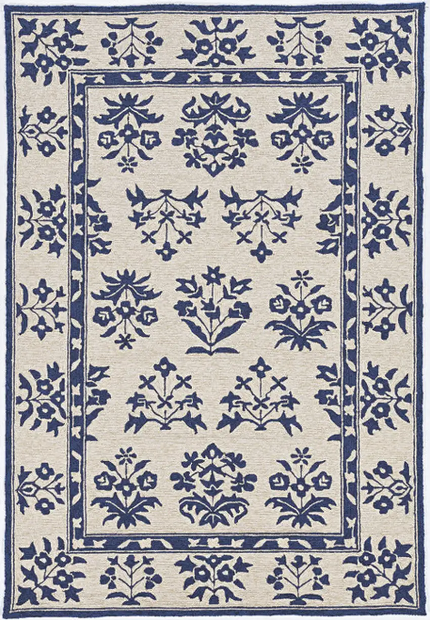 5' X 7' Sand Or Blue Floral Bordered Indoor Outdoor Area Rug Photo 1