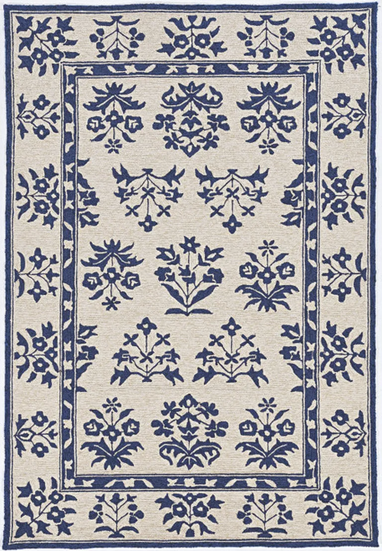 Sand or Blue Floral Bordered Indoor Outdoor Area Rug Photo 2