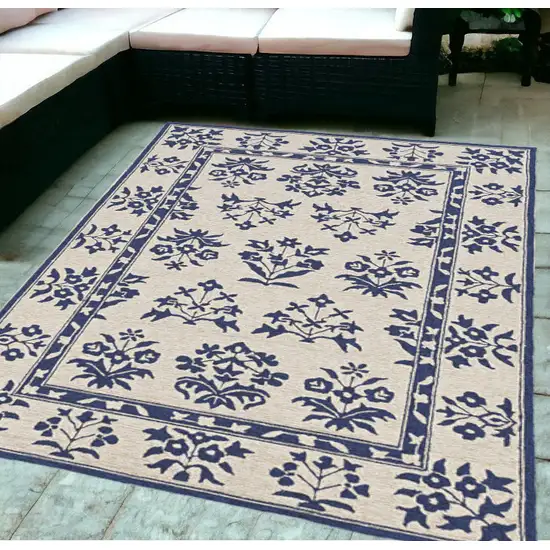 5' X 7' Sand Or Blue Floral Bordered Indoor Outdoor Area Rug Photo 2