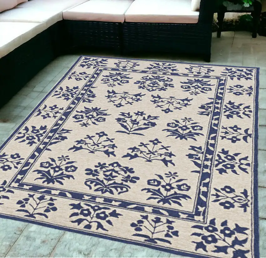 5' X 7' Sand Or Blue Floral Bordered Indoor Outdoor Area Rug Photo 2