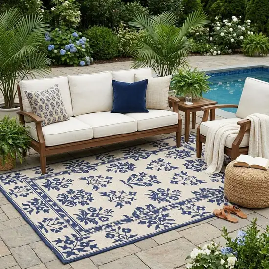5' X 7' Sand Or Blue Floral Bordered Indoor Outdoor Area Rug Photo 1