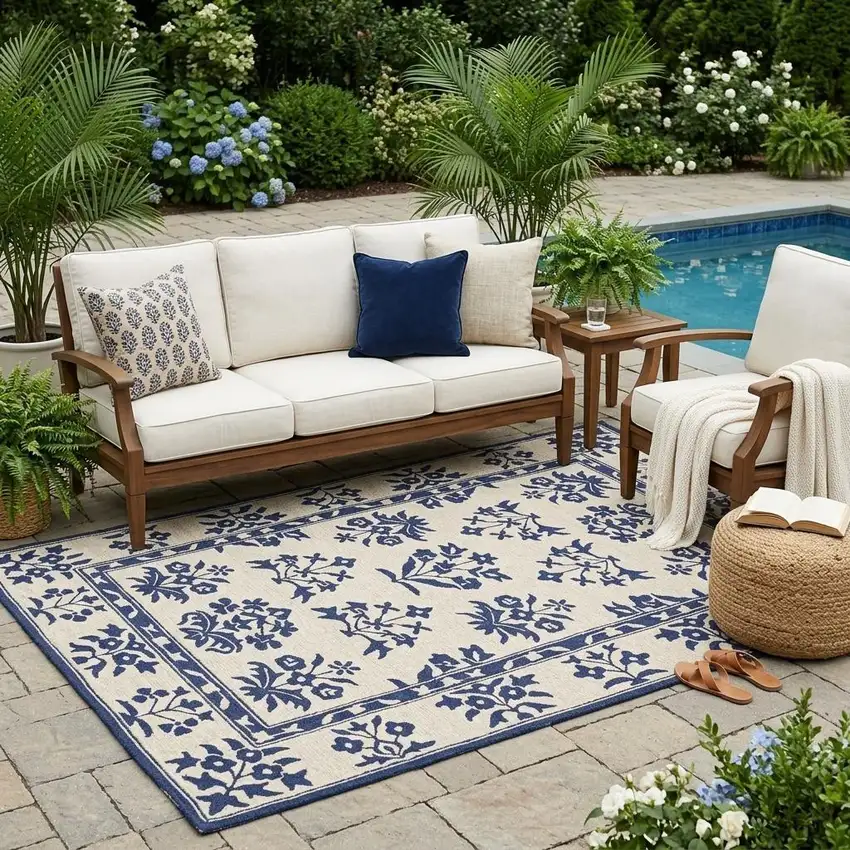 5' X 7' Sand Or Blue Floral Bordered Indoor Outdoor Area Rug Photo 1