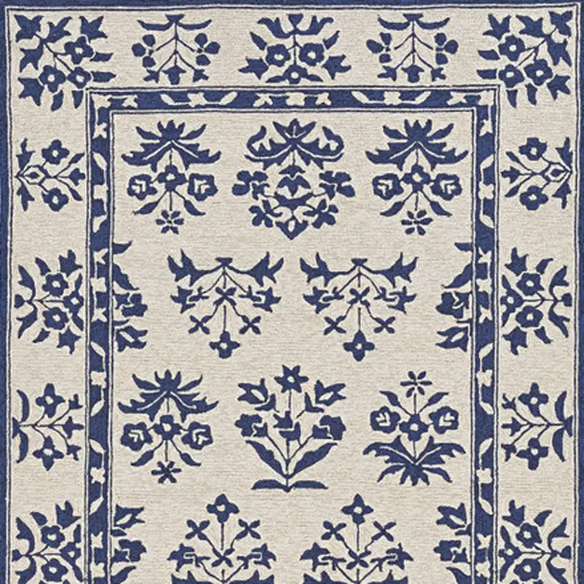 5' X 7' Sand Or Blue Floral Bordered Indoor Outdoor Area Rug Photo 5