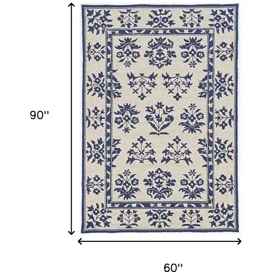 5' X 7' Sand Or Blue Floral Bordered Indoor Outdoor Area Rug Photo 6