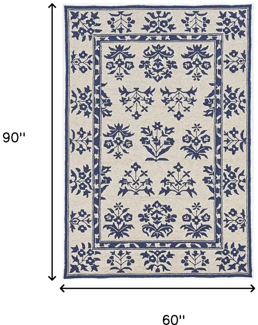 5' X 7' Sand Or Blue Floral Bordered Indoor Outdoor Area Rug Photo 6