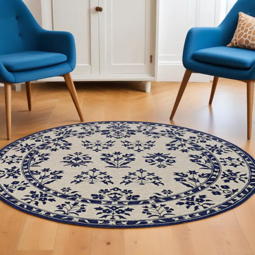 8' Blue Round Hand Tufted Area Rug With UV Protection Photo 1