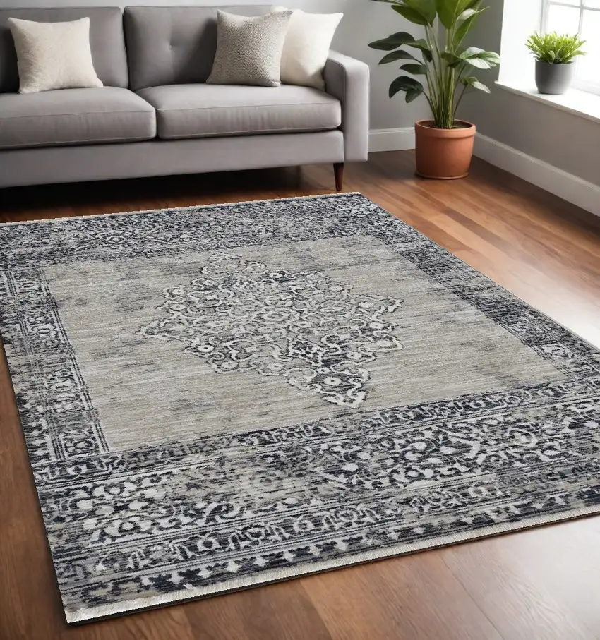 Sand Or Charcoal Medallion Bordered Area Rug Photo 1