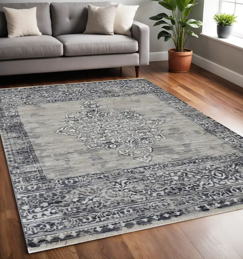 Charcoal and Gray Medallion Area Rug Photo 1