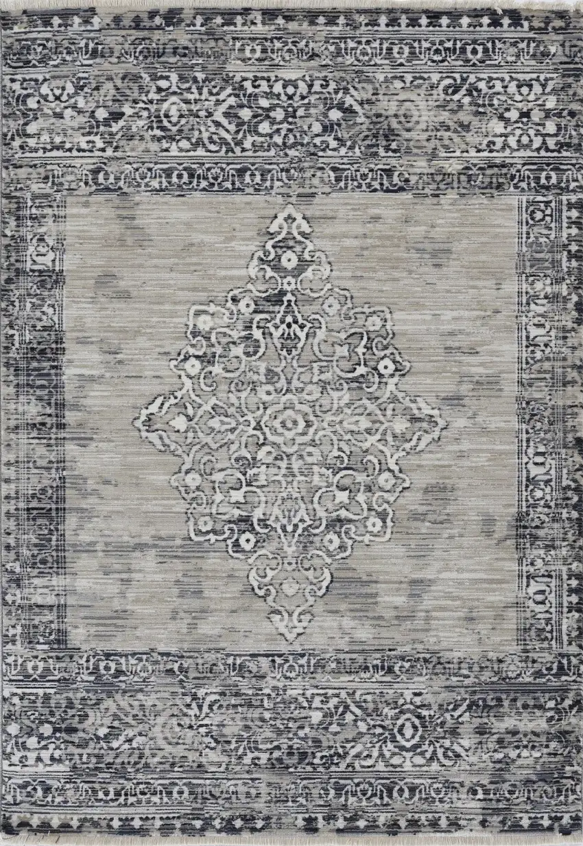 Sand Or Charcoal Medallion Bordered Area Rug Photo 2