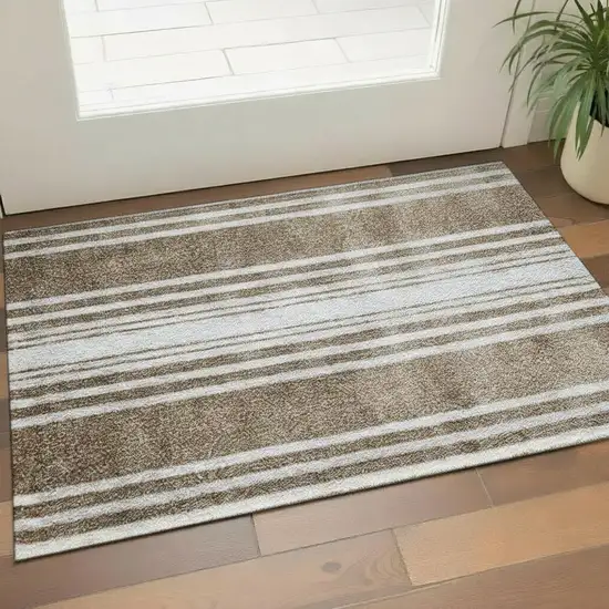 Tan Striped Shag Area Rug Photo 1