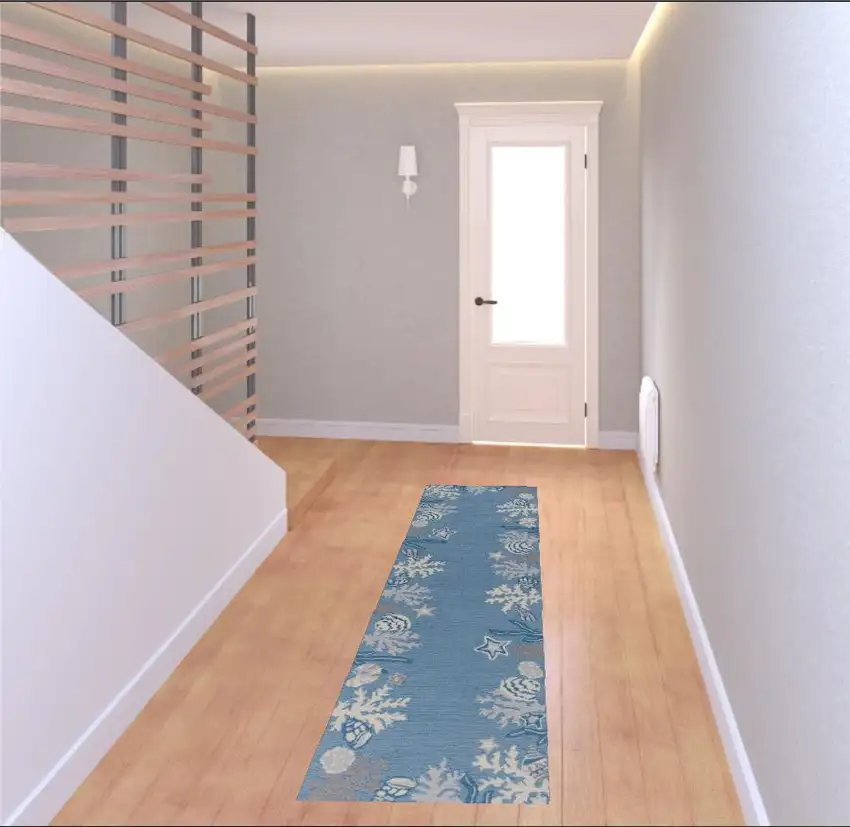 7' Blue and Gray Seashell Hand Hooked Runner Rug Photo 2
