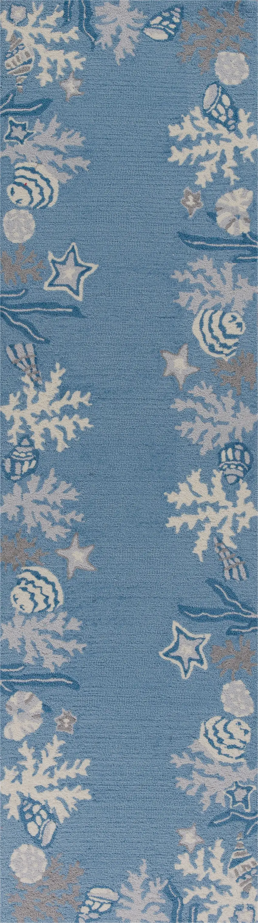 7' Blue and Gray Seashell Hand Hooked Runner Rug Photo 1