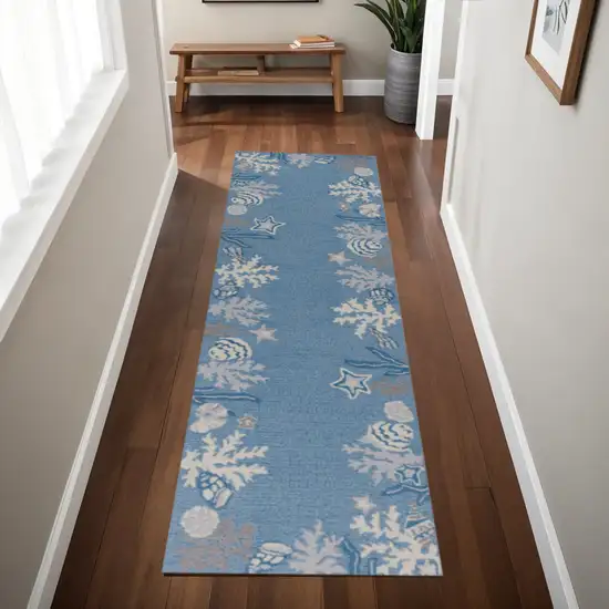 8' Blue Gray And White Fish and Coral Hand Hooked Runner Rug Photo 1