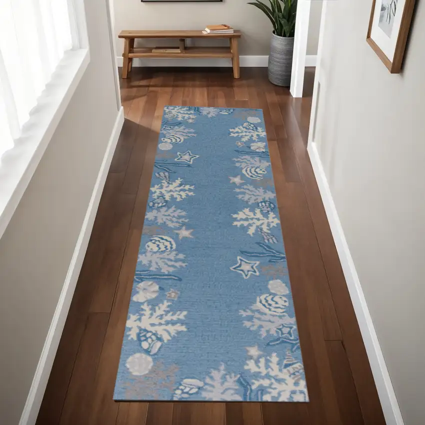 8' Blue Gray And White Fish and Coral Hand Hooked Runner Rug Photo 1