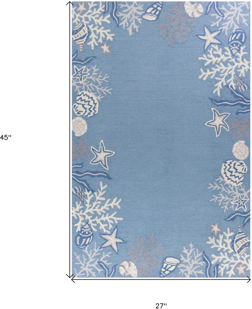 2'X4' Sea Blue Hand Hooked Bordered Coral Reef Indoor Accent Rug Photo 3