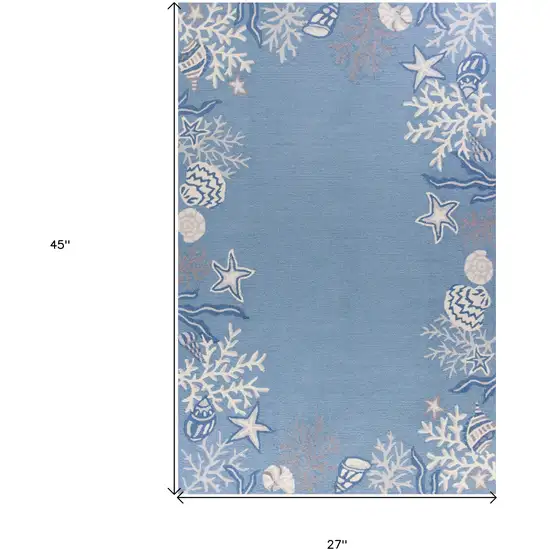2'X4' Sea Blue Hand Hooked Bordered Coral Reef Indoor Accent Rug Photo 3