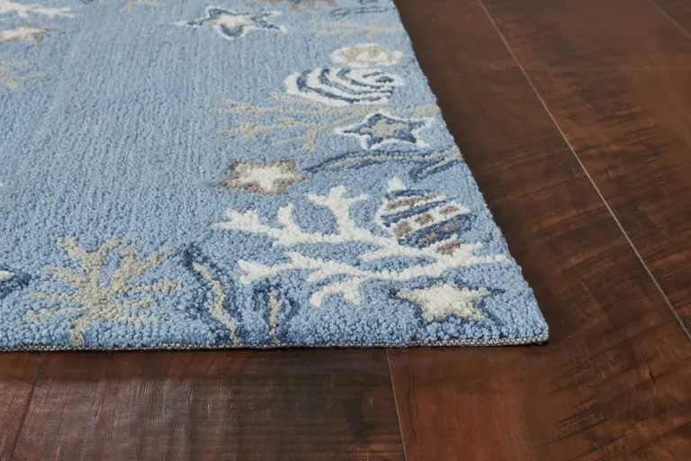 Sea Blue Hand Hooked Bordered Coral Reef Indoor Accent Rug Photo 5