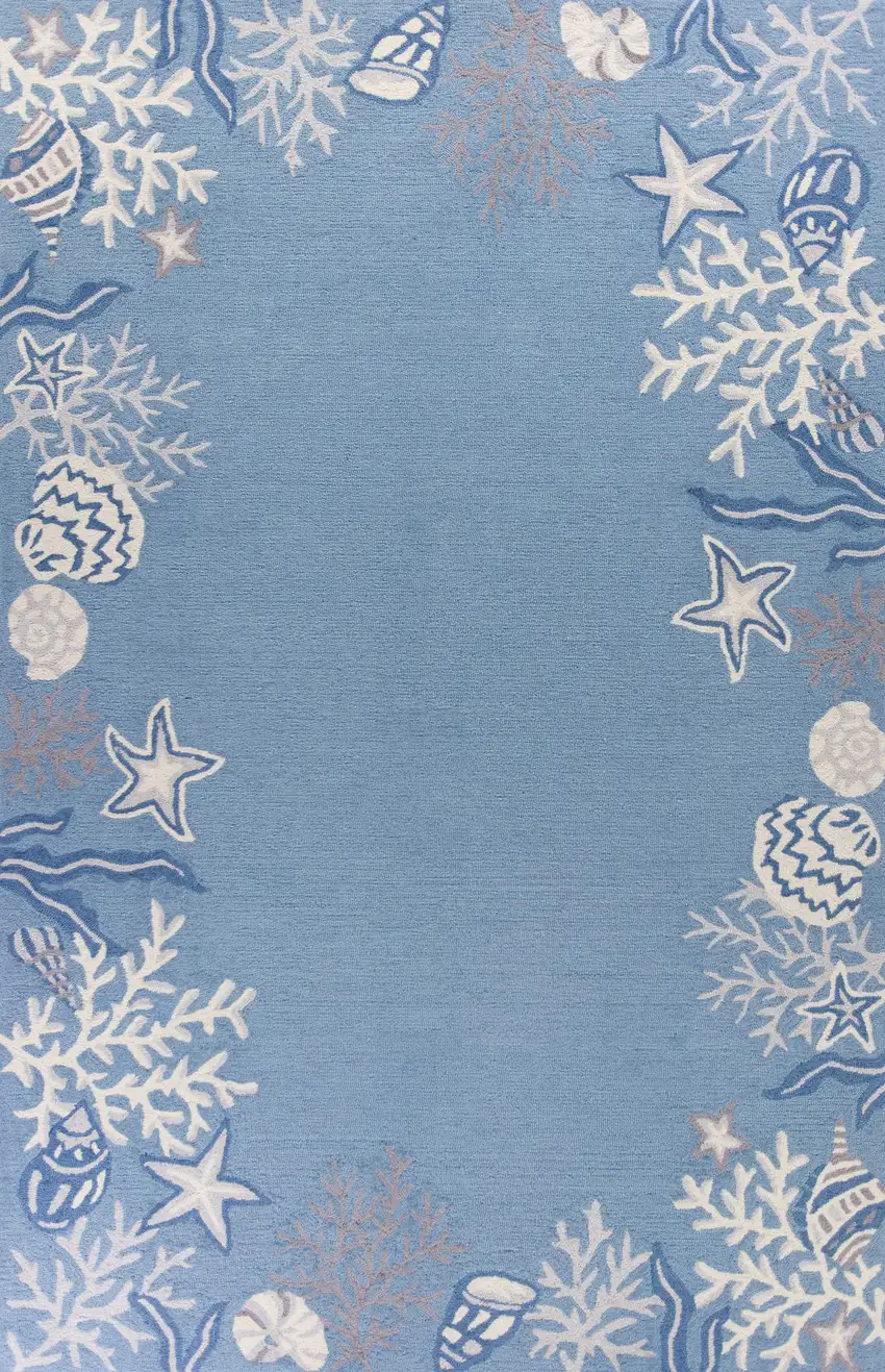 Sea Blue Hand Hooked Bordered Coral Reef Indoor Accent Rug Photo 1