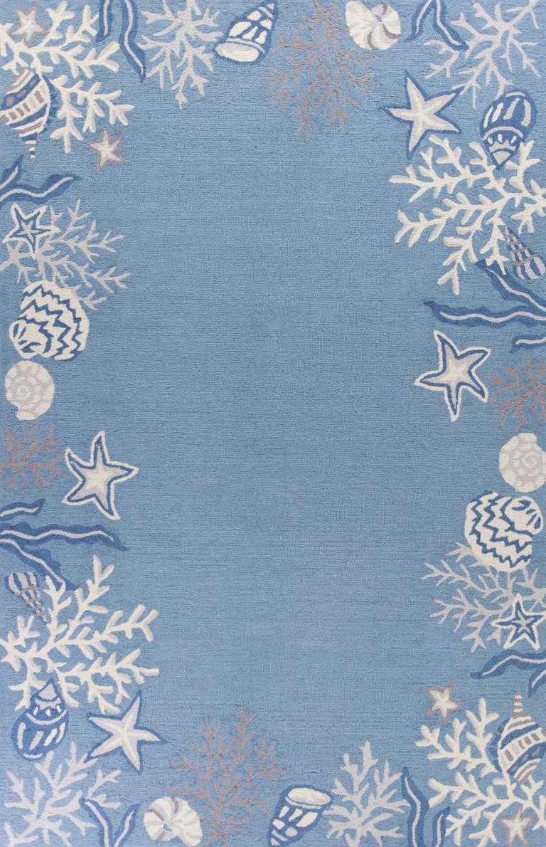 Sea Blue Hand Hooked Bordered Coral Reef Indoor Accent Rug Photo 1
