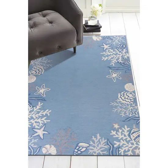 Sea Blue Hand Hooked Bordered Coral Reef Indoor Accent Rug Photo 4