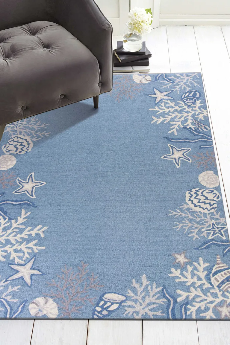 Sea Blue Hand Hooked Bordered Coral Reef Indoor Accent Rug Photo 4