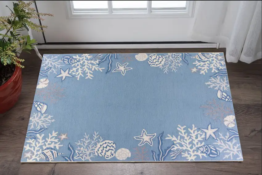 2'X4' Sea Blue Hand Hooked Bordered Coral Reef Indoor Accent Rug Photo 1
