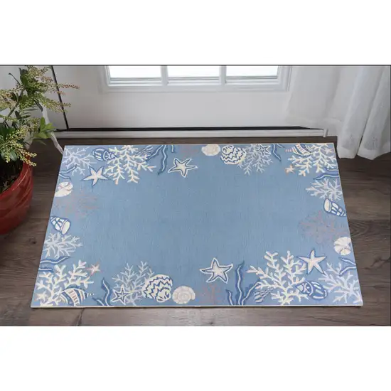 2'X4' Sea Blue Hand Hooked Bordered Coral Reef Indoor Accent Rug Photo 1