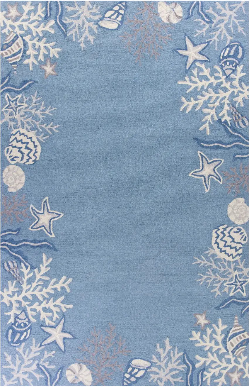 Blue and Off White Coral Hand Hooked Area Rug Photo 2