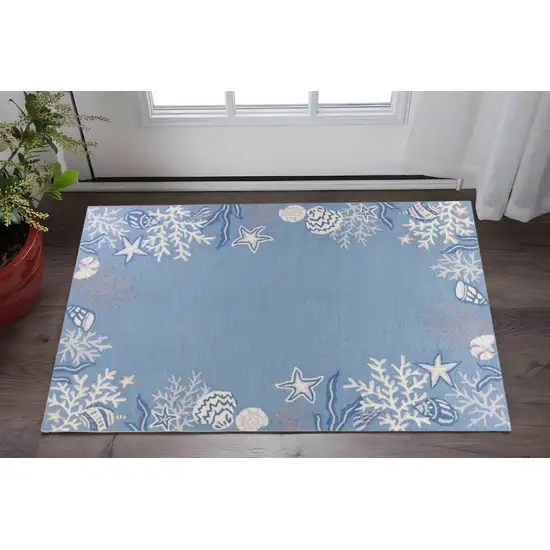 Blue Gray And White Fish and Coral Hand Hooked Area Rug Photo 1