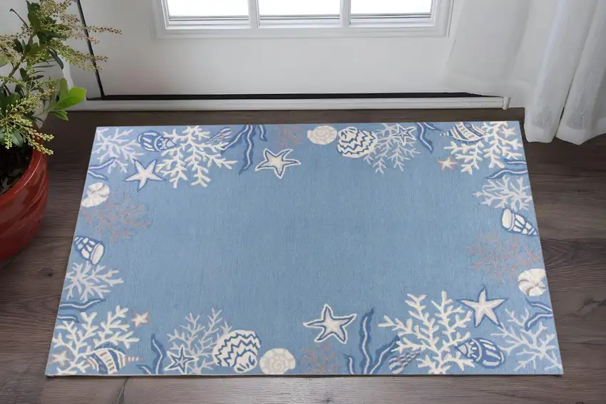 Blue Gray And White Fish and Coral Hand Hooked Area Rug Photo 1