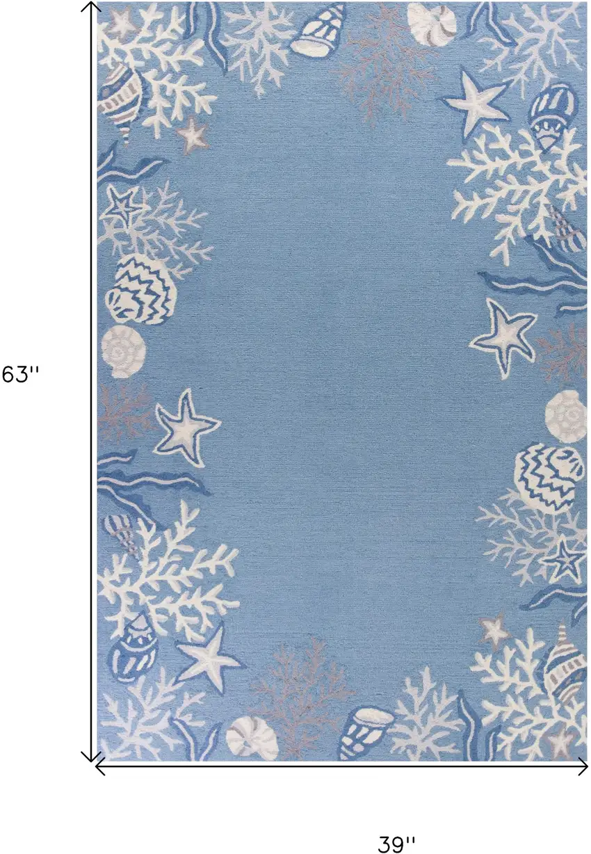 Blue and Off White Coral Hand Hooked Area Rug Photo 3