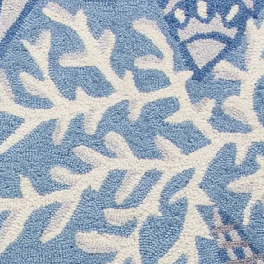 Blue and Off White Coral Hand Hooked Area Rug Photo 5
