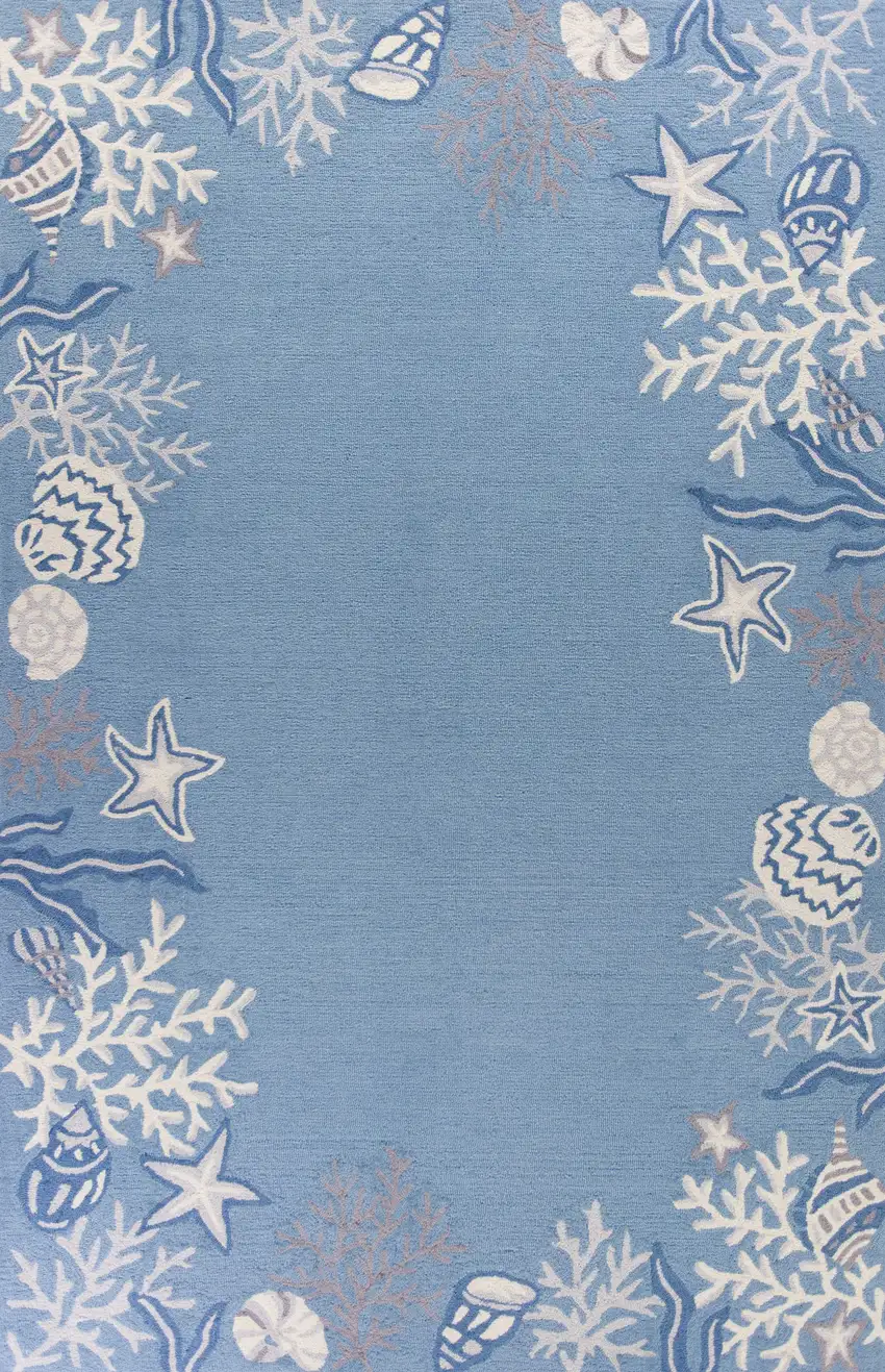Sea Blue Hand Hooked Bordered Coral Reef Indoor Area Rug Photo 1