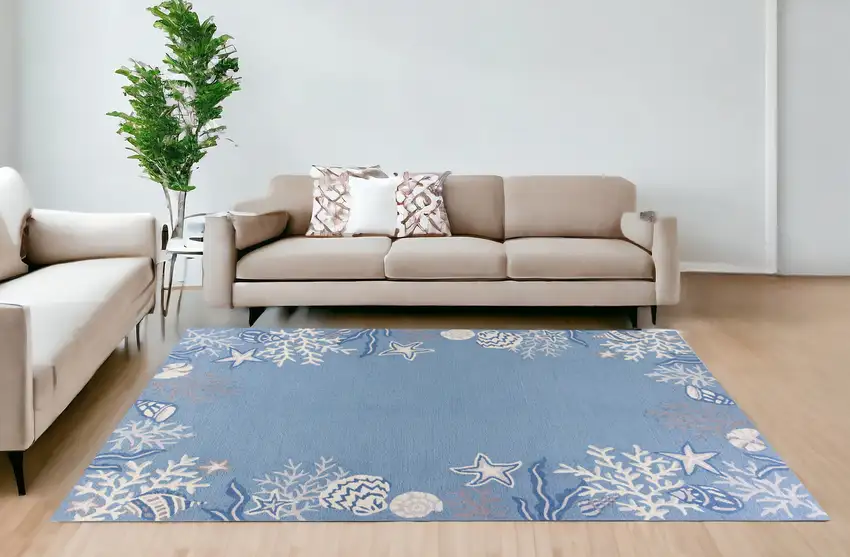 8'X10' Sea Blue Hand Hooked Bordered Coral Reef Indoor Area Rug Photo 1